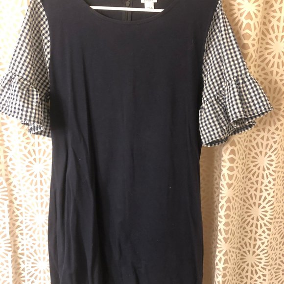 J. Crew Navy Dress with Gingham Sleeves- large - Picture 3 of 4